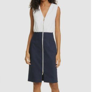 Ted Baker Annise Dress 2 Blue White Colorblock Gold Front Zipper Sleeveless